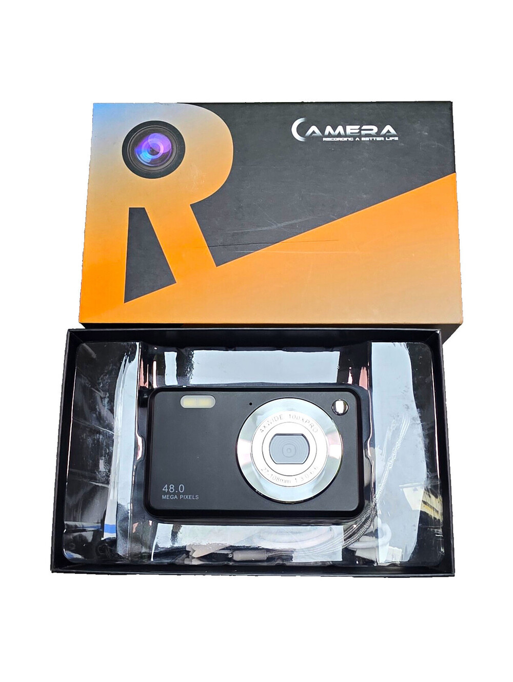 48MP 1080P Compact Digital Camera Black Built-In Flash USB Cable Case Box